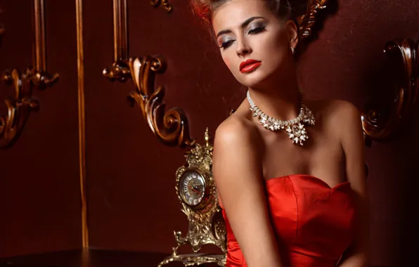 Girl, model, necklace, makeup, dress, hairstyle, brown hair, beauty