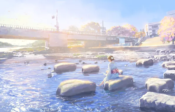 The sky, girl, trees, bridge, river, stones, traditional clothing