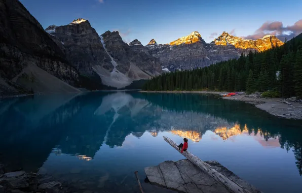 Forest, girl, light, mountains, lake, reflection, blue, rocks