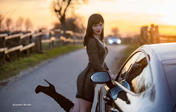 Road, look, sunset, sexy, pose, model, the fence, portrait