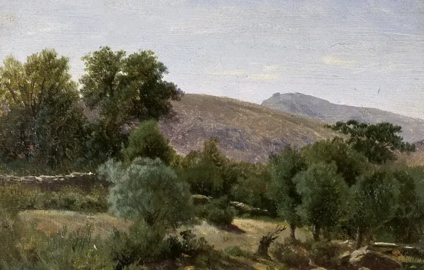Trees, mountains, nature, Carlos de Haes, Landscape near Monastery
