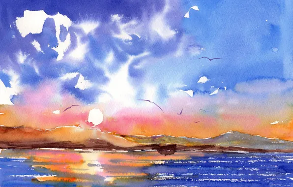 Sea, landscape, watercolor