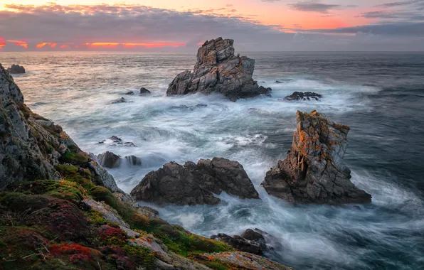 Picture sea, wave, clouds, stones, rocks, shore, vegetation, moss