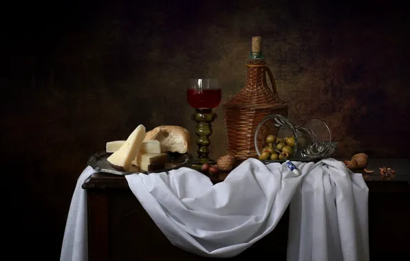 Glass, table, wine, glass, bottle, cheese, bread, fabric