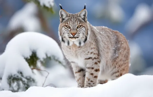 Winter, look, snow, nature, pose, lynx, face, AI art