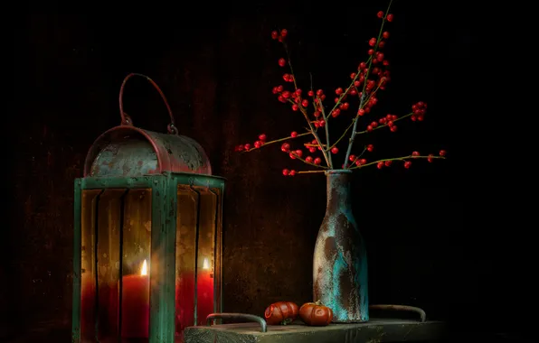 Berries, candle, vase, still life