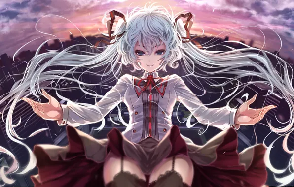 Girl, clouds, the city, smile, skirt, stockings, drop, shirt