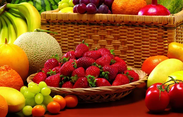 Berries, watermelon, strawberry, grapes, bananas, fruit, still life, vegetables