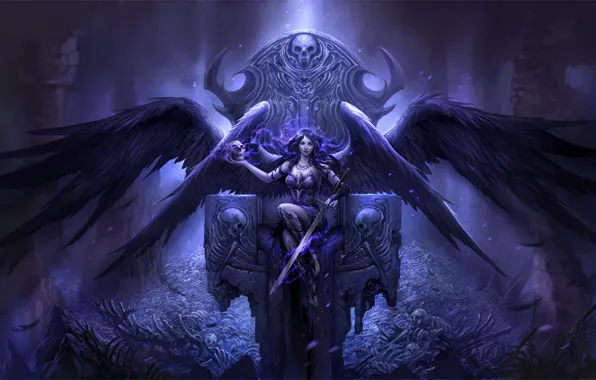 Picture girl, lights, death, skull, wings, angel, sword, feathers