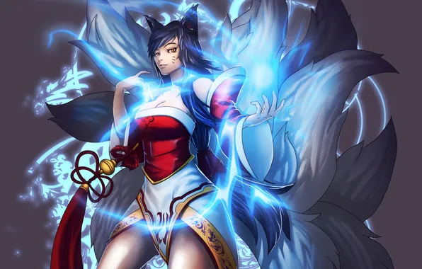 Picture girl, magic, art, league of legends, tails, ahri, gloomines