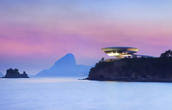 Sea, mountain, glow, Brazil, Niteroi, The Museum of modern art