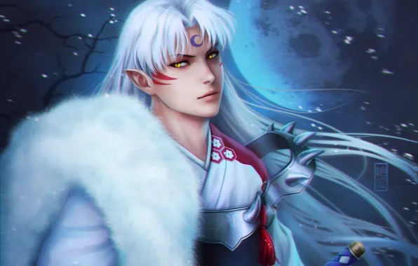 Night, the moon, sword, petals, fur, guy, white hair, zetsuai89