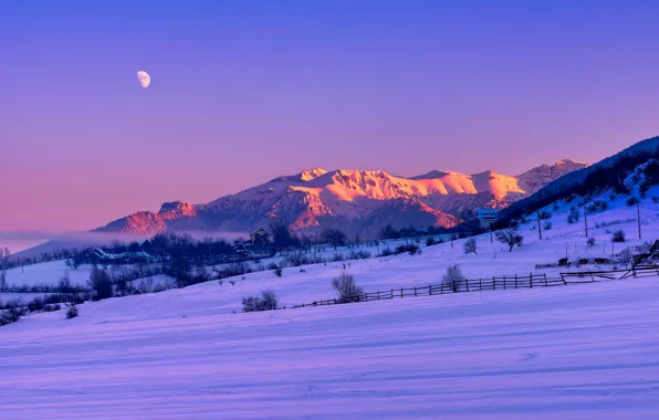 Picture moon, twilight, field, sunset, winter, mountains, snow, fog