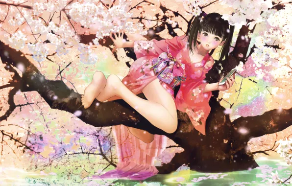 Picture girl, trees, spring, Sakura