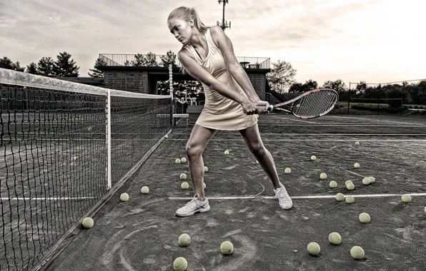 Picture girl, sport, balls, racket, court