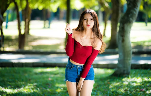 Picture girl, pose, Park, Asian, cutie, bokeh