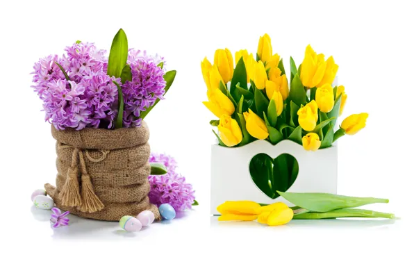 Picture flowers, eggs, bouquet, yellow, tulips, flowers, tulips, spring