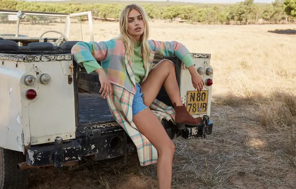 Picture car, girl, shorts, woman, young, beautiful, model, coat