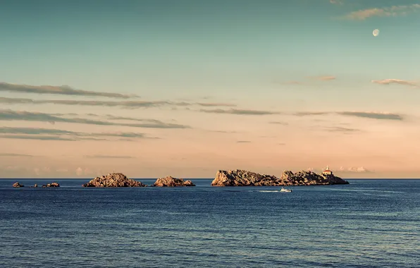 Moon, dusk, boat, lighthouse, Croatia, Dubrovnik, Island Grebeni