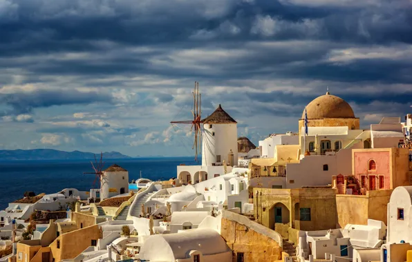 Picture sea, landscape, mountains, clouds, the city, island, home, Santorini