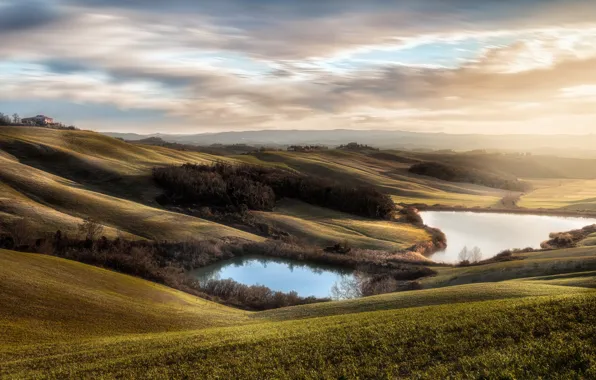 Lake, hills, the slopes, field, Italy, Tuscany