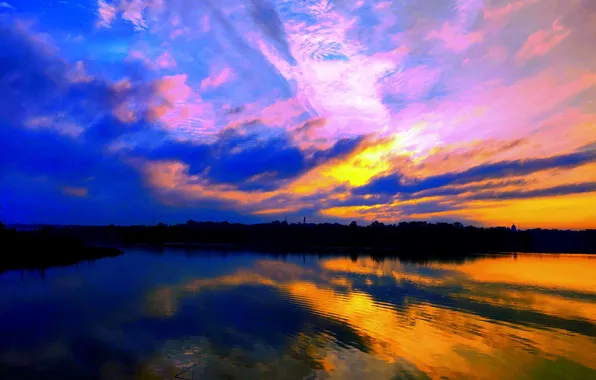 Sky, Sun, Water, Sunrise, Dawn, Morning, Lake, Trees