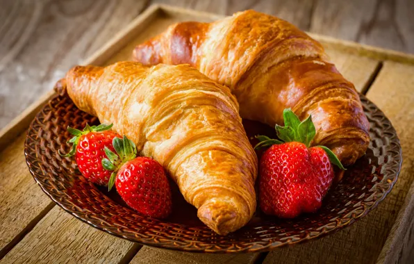 Picture strawberry, plate, croissants