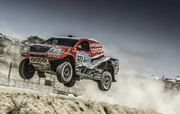 Jump, desert, dust, cloud, Toyota, Car, Hilux, Rally