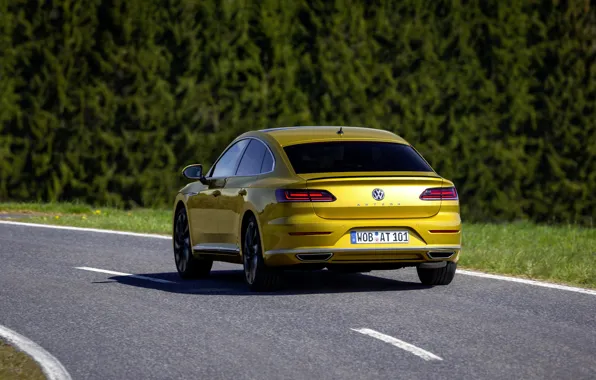 Road, yellow, Volkswagen, rear view, 2018, R-Line, liftback, 2017