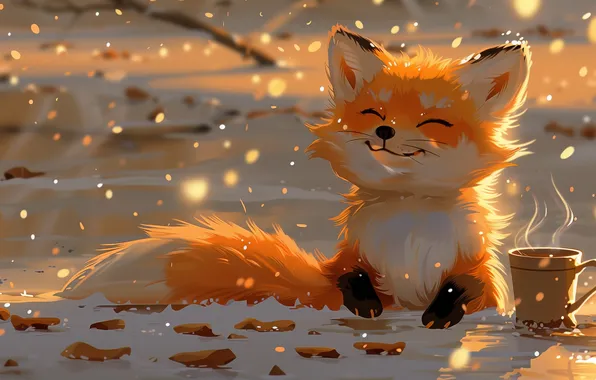 Fox, coffee, illustration, AI art