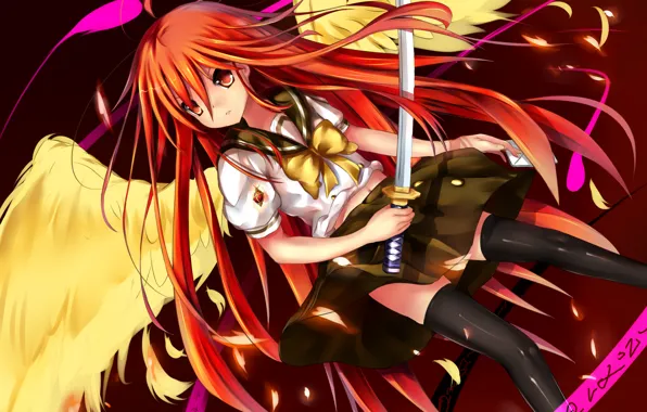 Girl, labels, weapons, fire, wings, katana, anime, art