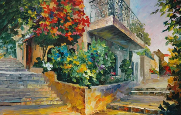 Picture landscape, flowers, stairs, balcony, painting, Leonid Afremov, city