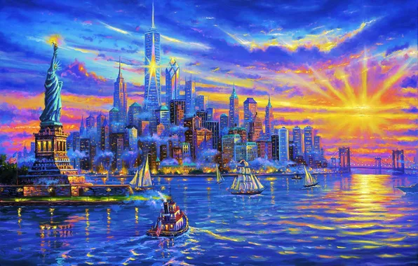 The sun, ships, New York, skyscrapers, Bay, USA, USA, The Statue Of Liberty