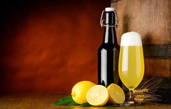 Yellow, lemon, glass, bottle, beer, spikelets, juice, citrus