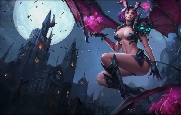 Picture girl, night, the city, the moon, demoness, Arena of Valor, Veera