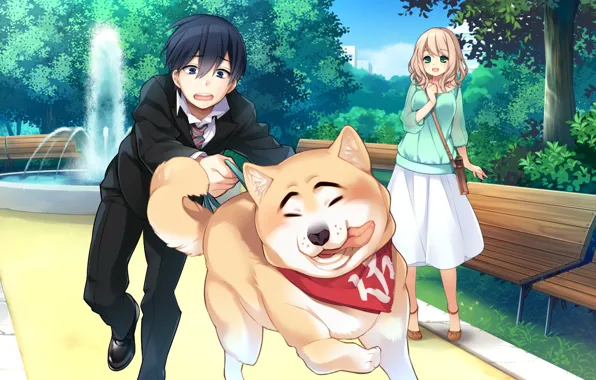 Girl, dog, anime, art, guy
