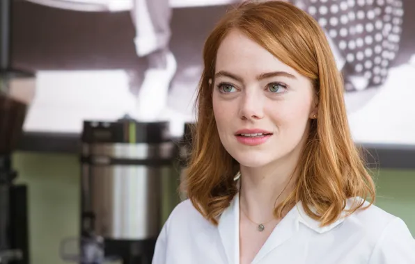 The film, frame, makeup, hairstyle, romance, redhead, bokeh, Emma Stone