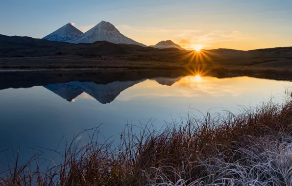 Frost, the sky, grass, the sun, clouds, rays, light, sunset