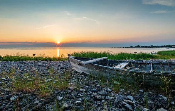 The sun, sunset, stones, dawn, shore, boat, pond