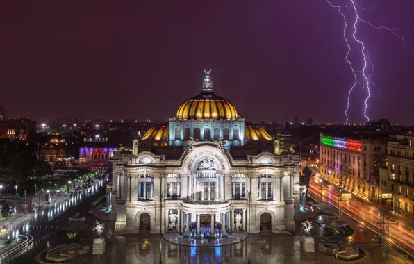 Lights, Mexico, lightning, night, people, Mexico City, Palace of Fine Arts
