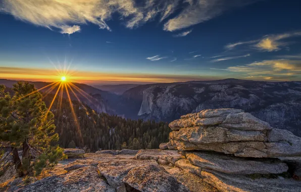 The sky, the sun, trees, sunset, mountains, stones, rocks, Yosemite National Park