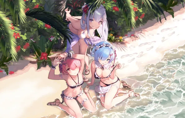 Sand, beach, girls, shore, plants, art, Emilia, REM