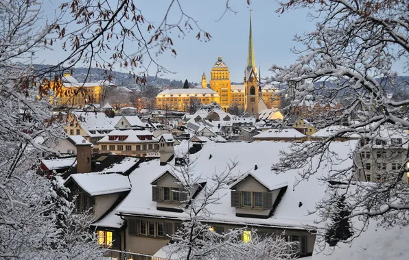 Winter, snow, branches, building, home, Switzerland, roof, Switzerland