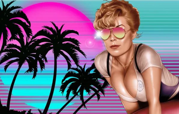 Girl, Retro, Glasses, Style, Girl, Palm trees, Background, Art