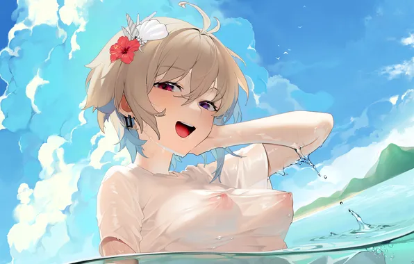 Girl, sexy, wet, beach, flower, erect nipples, sea, nipples