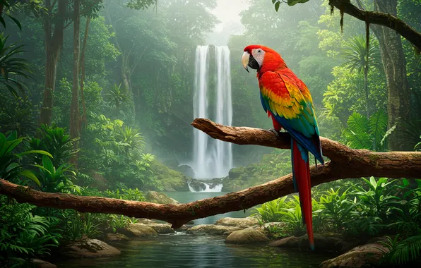 Nature, Wallpaper, waterfall, branch, jungle, art, wallpaper, jungle