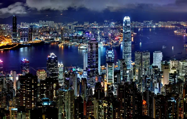 Water, night, the city, lights, Hong Kong, skyscrapers, Hong Kong