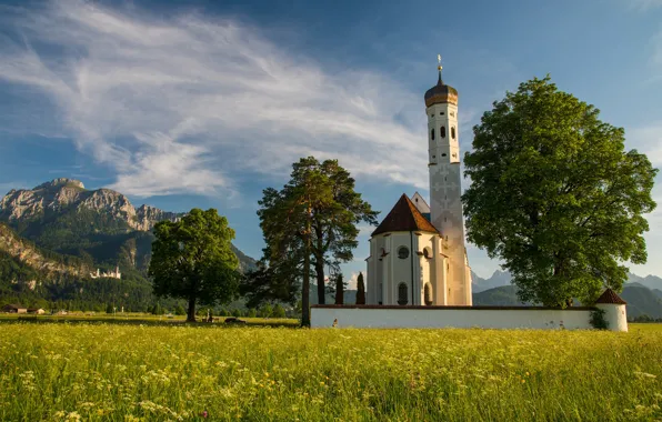 Picture trees, mountains, Germany, Bayern, Alps, meadow, Church, Germany