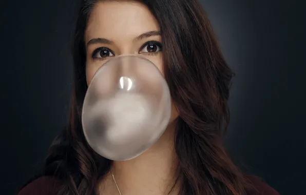 Eyes, girl, face, brunette, bubble, chewing gum