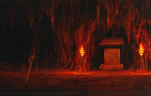 Picture katana, cave, the altar, torches, sanctuary, in the dark, visual novel, stalagmites